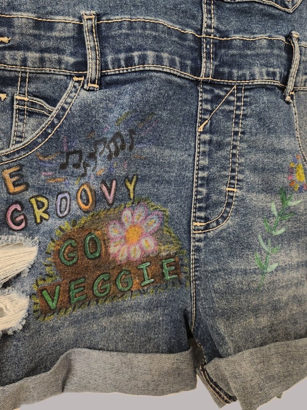 OOAK Hand Painted Vegan Denim Shortalls Upcycled Overalls XS/S - Picture 5 of 8